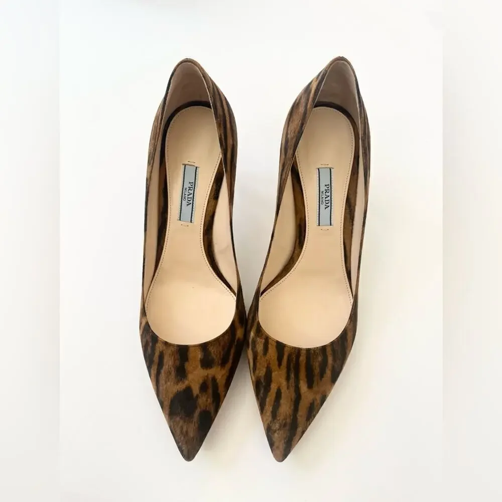 Prada Black Brown leather Calf Hair Leopard Print pointed toe pumps EU 39.5